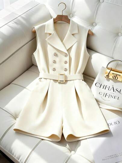 GlowEve Women's Jumpsuit With Lapel Collar, Belt, Double-Breasted Gold Buttons, Elegant For Daily, Vacation, Casual, Commute, Fashion Date, French Street Style Vintage, Apricot Color, New Arrival Spring/Summer
