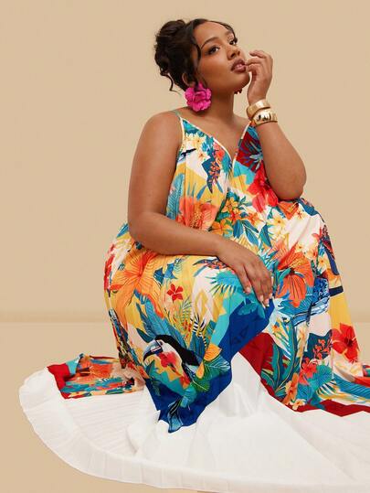 Travachic Plus Size Women Floral Print Loose Strap Dress, Vacation Boho Style Women, Resort Outfit For Women, Island Holiday Outfit, Havana Outfit, Summer Outfit, Spring Outfit, Beach Outfits,Tropical Outfit, Mexican Style Saia Plissada Feminina Pleated Skirt