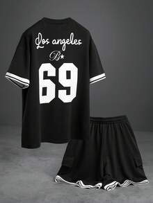 Aesthetic Post 男士T恤套装，撞色条纹罗纹下摆，背面印有大号数字，休闲学院风，宽松版型 - 黑色 - 查看 5