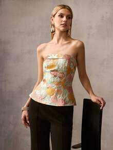 MOTF PREMIUM 女士无肩带无袖上衣，饰有花卉提花图案和荷叶边下摆——是婚礼、盛大晚宴、复古派对和庆祝活动的理想之选。 - 黃色 - 查看 8