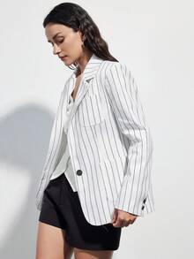 Aveloria Modichic 新款轻薄条纹修身单排扣V领条纹西装外套，春夏休闲度假装 - 彩色 - 查看 6