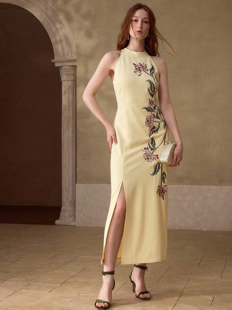 꽃 자수 스플릿 허벅지 드레스