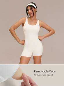 GLOWMODE 4.3英寸 FeatherFit™ 塑形连体衣，如黄油般柔软，吸汗透气，弹力十足，有效收腹，可拆卸胸垫，侧边口袋，U型后背设计，适合低强度瑜伽、普拉提、健身房锻炼和日常穿着。 - 白色 - 查看 4