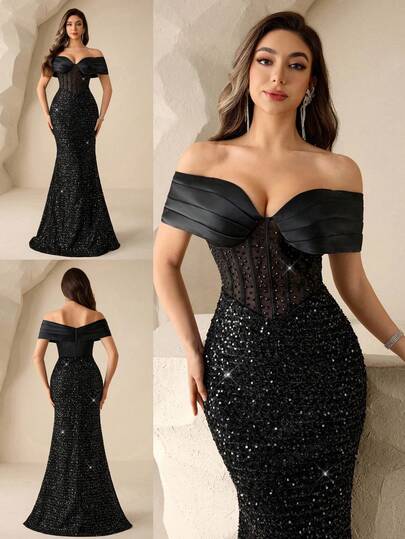 Coutiva Elegant And Sexy Off-The-Shoulder Sheer Gown With Rhinestone-Embellished Boning And A Mermaid Skirt; Perfect For Formal Evening Wear, Including Birthday Parties, Graduation Ceremonies, Back-To-School Parties, Music Festivals, Red Carpet Events, And Breaking-Of-Haw Dresses. Black Formal Evening Gown Off Shoulder Formal Dress Sparkly Black Dress Black Long Formal Dress Black Glitter Dress Women Evening Dress Elegant Long Black Elegant Dress Black Formal Dress Sequin Elegant Dress Women Party Dress Satin Off Shoulder Dress  Graduation Ceremony, School Opening, Music Festival, Birthday Party, Wedding, Afternoon Tea Gathering, Ball