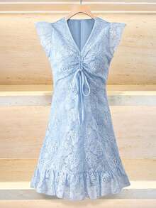 Franclia Lace Embroidered Cap Sleeve Vacation Dress - Blue - View 9