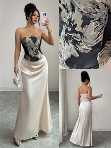 Elenzga 缎面褶皱腰部露背碎花短款上衣和修身鱼尾裙套装，优雅法式性感度假装 - 香檳色 - 查看 1