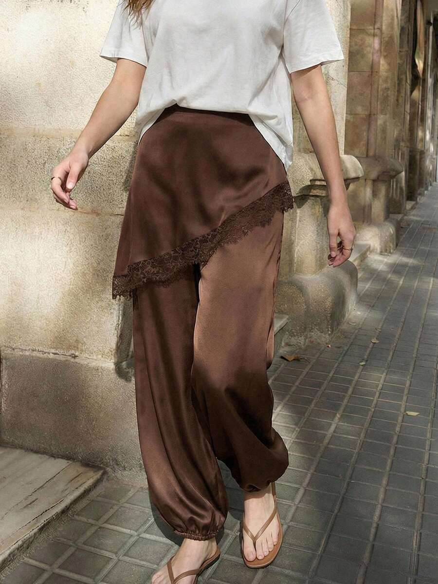 Maija Women's Casual Daily Solid Color Contrast Lace 2 In 1 Pants Bohemian Pants Lace Trim Pants Brown Pants For Women - Brown - View 1