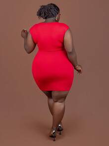 CurvyTilda Plus Size Elegant & Party & Dating Form-Fitting Solid Pink Dress With Chest Twist, Ruched Waist And Tie Belt Details, Mini Length, Spring/Summer, For Hourglass Body Shape - Red - View 2
