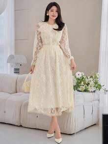 DAZY 女士优雅花卉蕾丝上衣和半裙两件套，春夏款，婚礼宾客礼服 - 杏色 - 查看 2