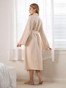 Ocili Minimalist Comfortable Wood Frill Trim Long Robe, Women Sleepwear - Apricot - View 3