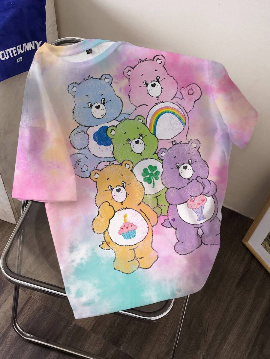 SHEIN X Care Bears Áo thun nữ cỡ lớn in hình hoạt hình, cổ tròn, tay ngắn, kiểu dáng thường ngày. - trắng - Xem 1