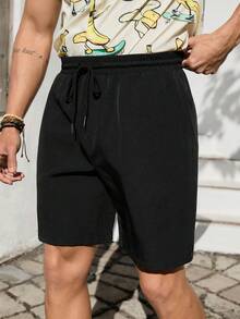 VIVINTIMO Men's Casual Plain Color Drawstring Shorts, Holiday - Black - View 3