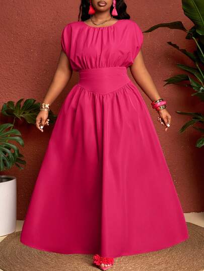 SHEIN CURVE+ Plus Size Women's 202 Spring/Summer New Style Women's Plus Size Elegant Commuting/Beach Vacation/Date/Party/Music Festival Combination Clean Color Magenta Round Neck Sleeveless Waist Cut Splicing Sharp Angle A Swing Pleated Long Dress