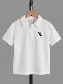 SHEIN 青少年男孩骑士印花休闲百搭日常短袖Polo衫 - 白色 - 查看 1
