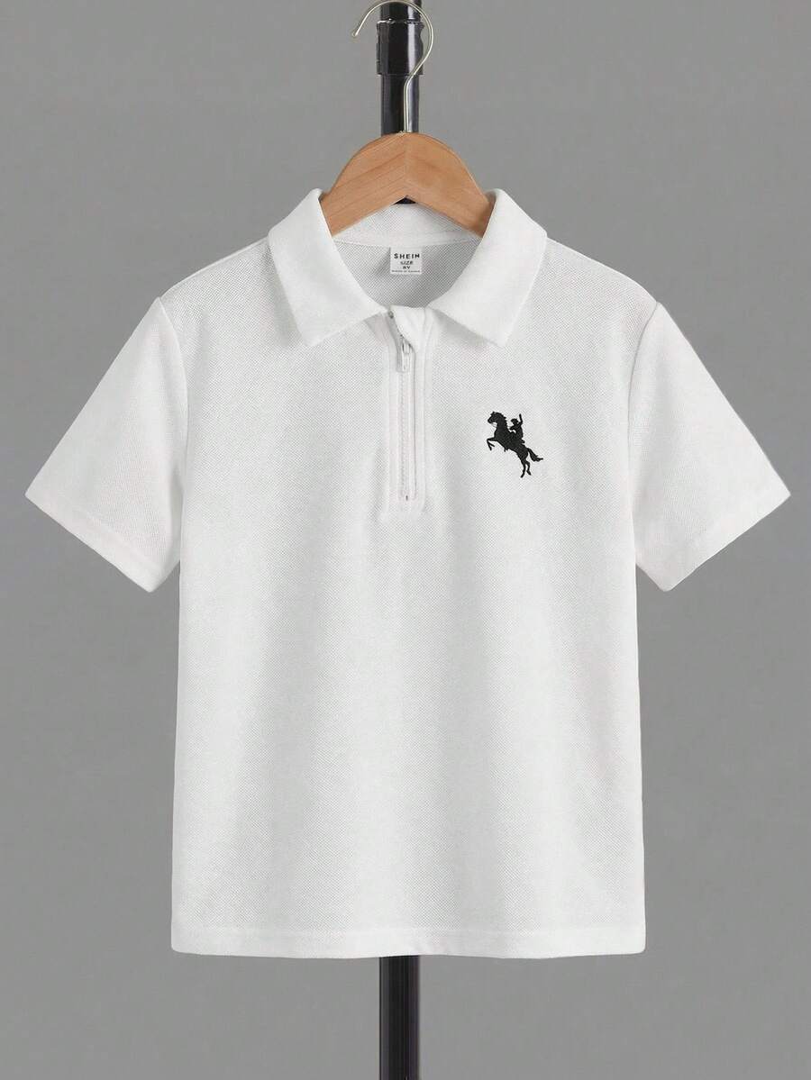 SHEIN 青少年男孩骑士印花休闲百搭日常短袖Polo衫 - 白色 - 查看 1