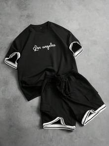 Aesthetic Post 男士T恤套装，撞色条纹罗纹下摆，背面印有大号数字，休闲学院风，宽松版型 - 黑色 - 查看 1