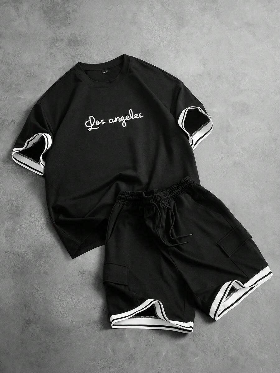 Aesthetic Post 男士T恤套装，撞色条纹罗纹下摆，背面印有大号数字，休闲学院风，宽松版型 - 黑色 - 查看 1