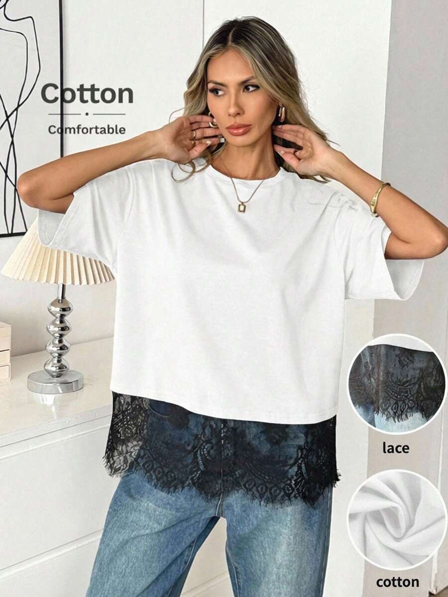 Easowa T-shirt ample à manches courtes, col rond et ourlet en dentelle pour femmes - Blanc - Voir 1