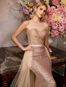 MOTF Soiréza ELEGANT CHAMPAGNE MAXI PARTY DRESS FOR WOMEN, SLEEVELESS ROUND NECK DRESS WITH RHINESTONE EMBELLISHED NECKLINE, SPARKLY SEQUIN FABRIC, FOR EVENING EVENTS, FORMAL PARTIES & NEW YEAR CELEBRATIONS - Champagne - View 8