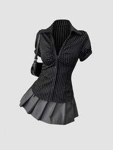 Sweetra Áo crop top tay ngắn sọc đen trắng phong cách Mỹ cổ điển, ôm sát, áo cánh đa năng cho nữ - màu đen - Xem 1