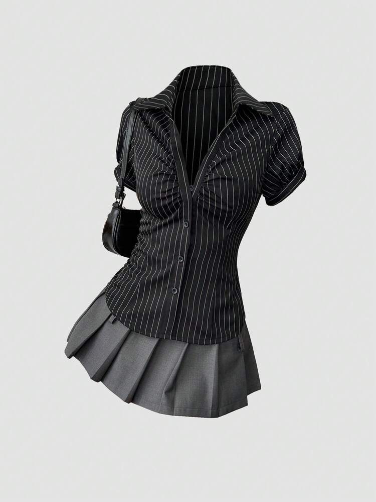 Sweetra Blusa de mujer de estilo retro estadounidense con bloques de color a rayas en negro y blanco de manga corta y corte crop, de ajuste estilizador y versátil - Negro - Añade 1