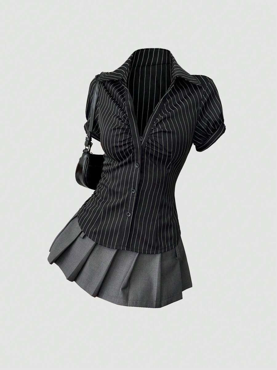 Sweetra Áo crop top tay ngắn sọc đen trắng phong cách Mỹ cổ điển, ôm sát, áo cánh đa năng cho nữ - màu đen - Xem 1