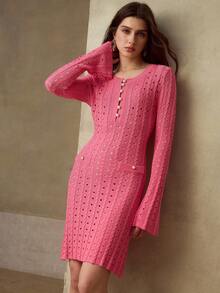 MOTF PREMIUM WOMEN'S SOLID COLOR FLARE SLEEVE FITTED OPEN KNIT SWEATER DRESS - Hot Pink - View 6