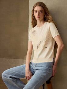 MOTF PREMIUM WOMEN'S CONTRAST LACE SHORT SLEEVE KNIT TOP - Apricot - View 5