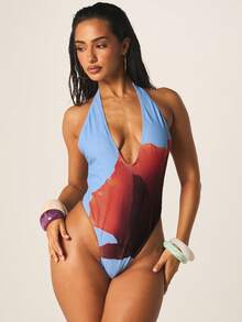 MISSGUIDED 女士深V露背连体泳衣，抽象花卉印花，夏季海滩度假泳装 - 彩色 - 查看 1