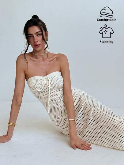 Aloruh Elegant Simple Handmade Summer Crochet Elastic Waist Beach Dress, Apricot Color, Suitable For Vacation