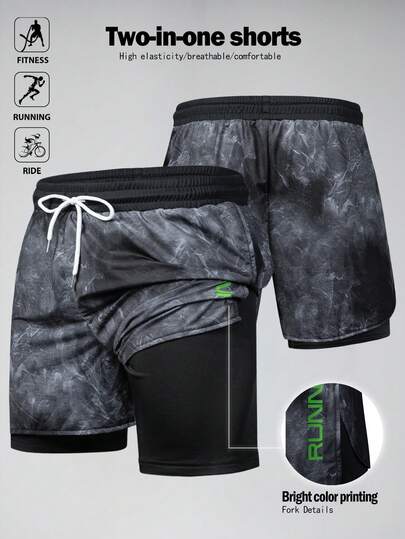 Manfinity Sport Polished Pantalones cortos deportivos de doble capa con cintura con cordón y estampado de teñido anudado para hombres