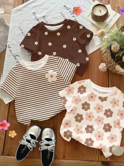 SHEIN 三件套奶油白、棕色条纹、棕色碎花系列休闲百搭圆领短袖T恤，适合日常穿着、居家、度假、叠穿，轻松舒适，时尚休闲，碎花图案，秋冬时尚，新款，适合年轻女孩穿着。