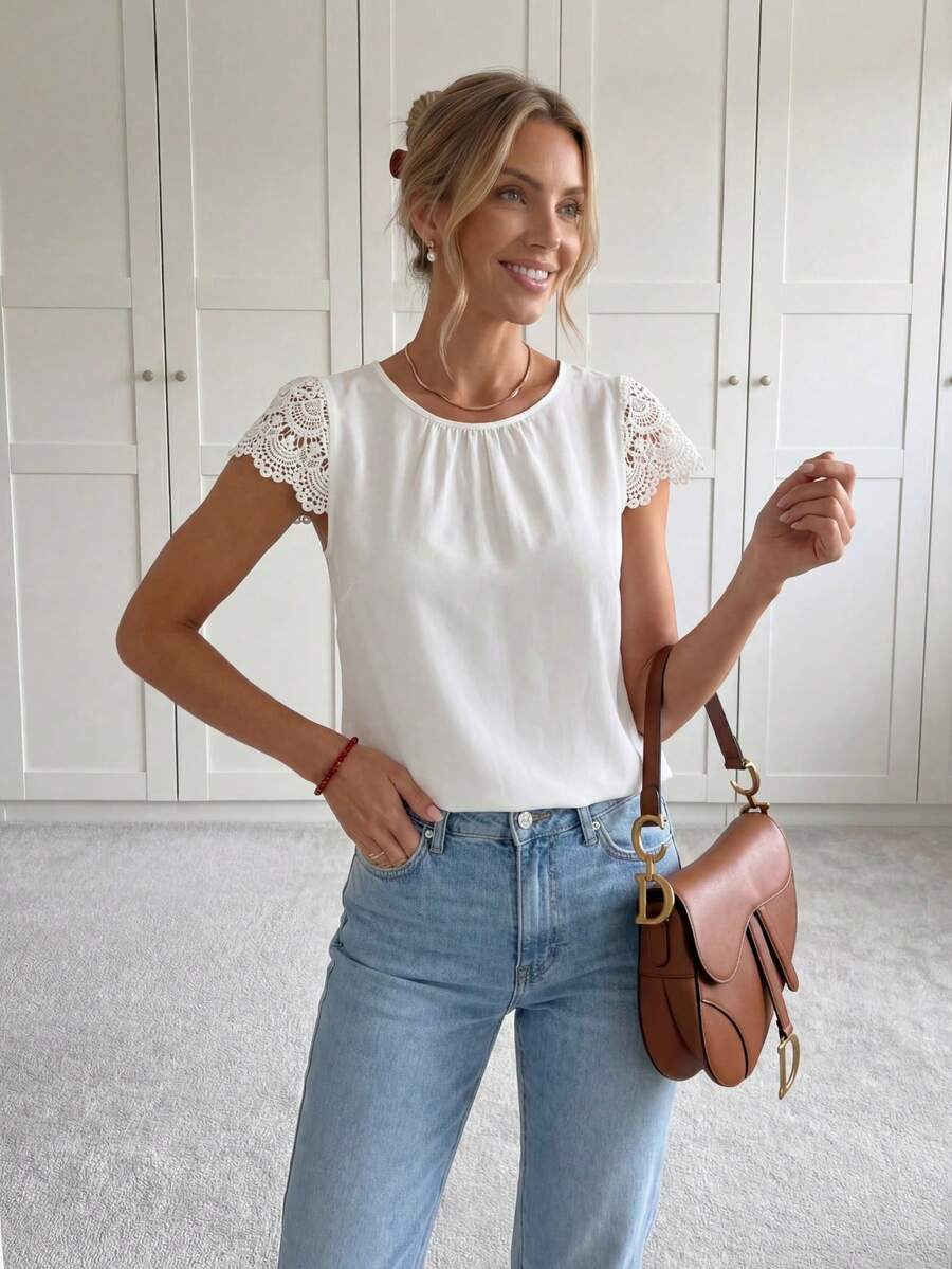 Easowa Blusa con mangas de encaje guipur en contraste blanco, blusas de manga corta, casual