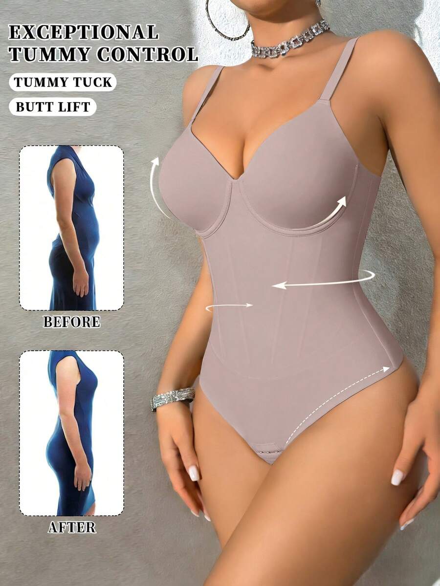 SHEIN 1件装女士无缝塑身衣，束腰带，双层强力收腹，舒适日常穿着，带按扣 - 摩卡棕 - 查看 1