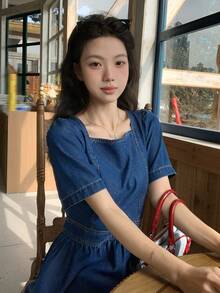 DAZY 复古方领拉链后背收腰花瓣袖牛仔连衣裙，女士夏季款 - 藍色 - 查看 7