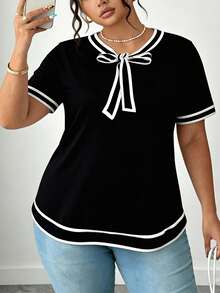 Arcane Artistry Plus Size Women's Elegant Contrast Trim Knot Collar Short Sleeve Top, Summer - Black and White - View 4