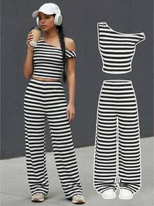 SHEIN Teen Girl Striped Print Asymmetrical Neck Tank Top & Wide Leg Pants - Black and White - View 6