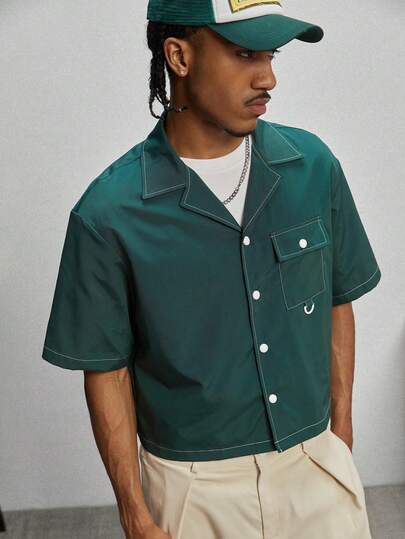 GALLERY FADE Men's Green Cuban Collar Open Front Short Sleeve Loose Cropped Shirt, Utility Pocket Design, White Contrast Buttons, Casual Vacation Style, Can Be Worn Alone Or Layered, INS Style