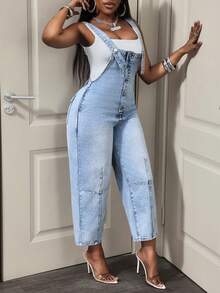 BamGleam Bộ jumpsuit denim nữ dáng suông, thiết kế cài nút, kiểu dáng thường ngày. - Rửa nhẹ - Xem 7