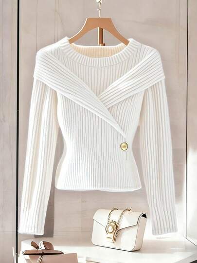 Franclia 新款秋冬款式，柔美甜美的白色，纯净迷人的设计，小众韩风，高端质感，显瘦腰身，可单穿或内搭，时尚装饰纽扣圆领长袖女式T恤，适合圣诞节、新年、跨年夜、派对、海滩、优雅休闲、浪漫、情人节、约会、毕业季等场合，时尚休闲通勤装、商务办公装，百搭时尚日常休闲装，都市教师职业装