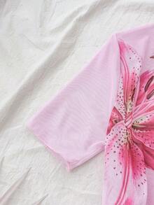 SHEIN 少女碎花三件套泳衣，夏季夏威夷海滩度假 - 粉色 - 查看 7