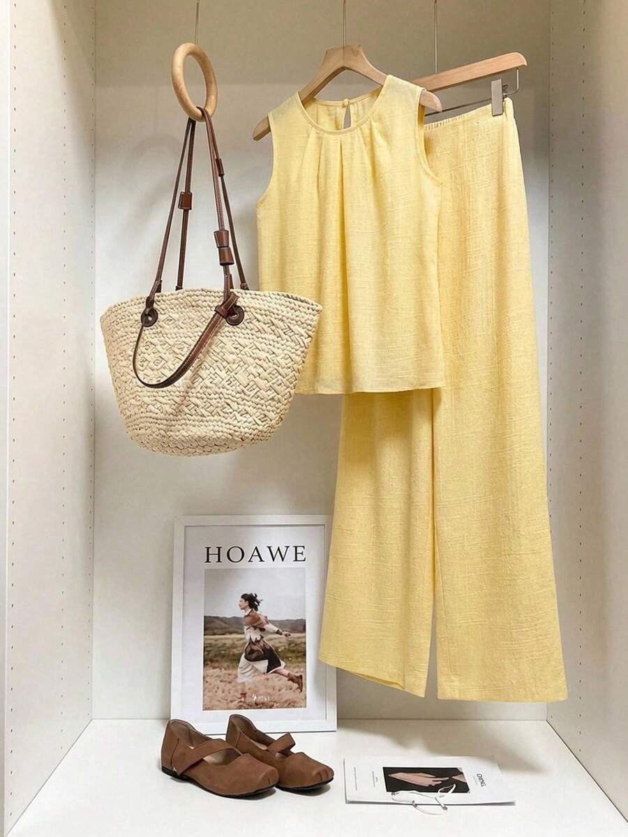 Ellevyn Conjunto de 2 piezas de camiseta holgada y pantalones de pierna ancha con estampado de lámina de oro, elegante para mujer, adecuado para bodas y fiestas - Amarillo - Ver 1