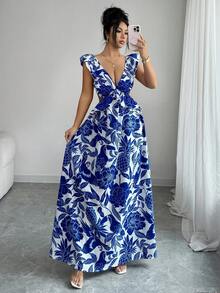 Elenzga 女士优雅无袖A字型蓝白碎花连衣裙，收腰设计，适合海滩、旅行、度假穿着 - 藍白色 - 查看 6