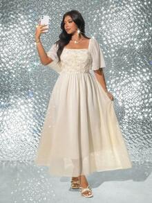 Viva Relle 大码女式提花杏色优雅度假连衣裙，春夏款 - 杏色 - 查看 4