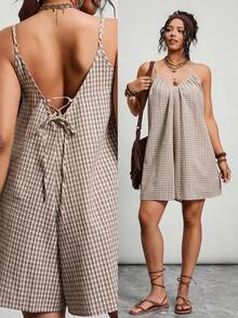 Freevana Cotton Jumpsuit Plus Size Print,Deep V-Neck Backless Tie Strap Retro Pattern Vacation Rompers For Women,Summer Boho Beach Holiday Casual Dress Romper - Khaki - View 7