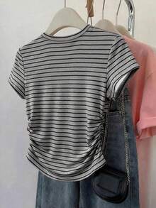 INAWLY Áo thun nữ tay ngắn cổ tròn xếp ly, kiểu dáng thường ngày, đa năng. - Xám - Xem 2