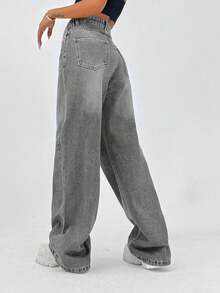 SHEIN Cottnline 100% Cotton HIGH RISE WIDELEG FIT VINTAGE WASH WOMEN BAGGY JEANS - Dark Grey - View 2