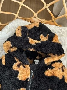 SHEIN Bộ đồ liền thân có mũ trùm đầu họa tiết hoạt hình lông xù dễ thương cho bé trai/bé gái sơ sinh, mùa thu/đông - màu đen - Xem 5