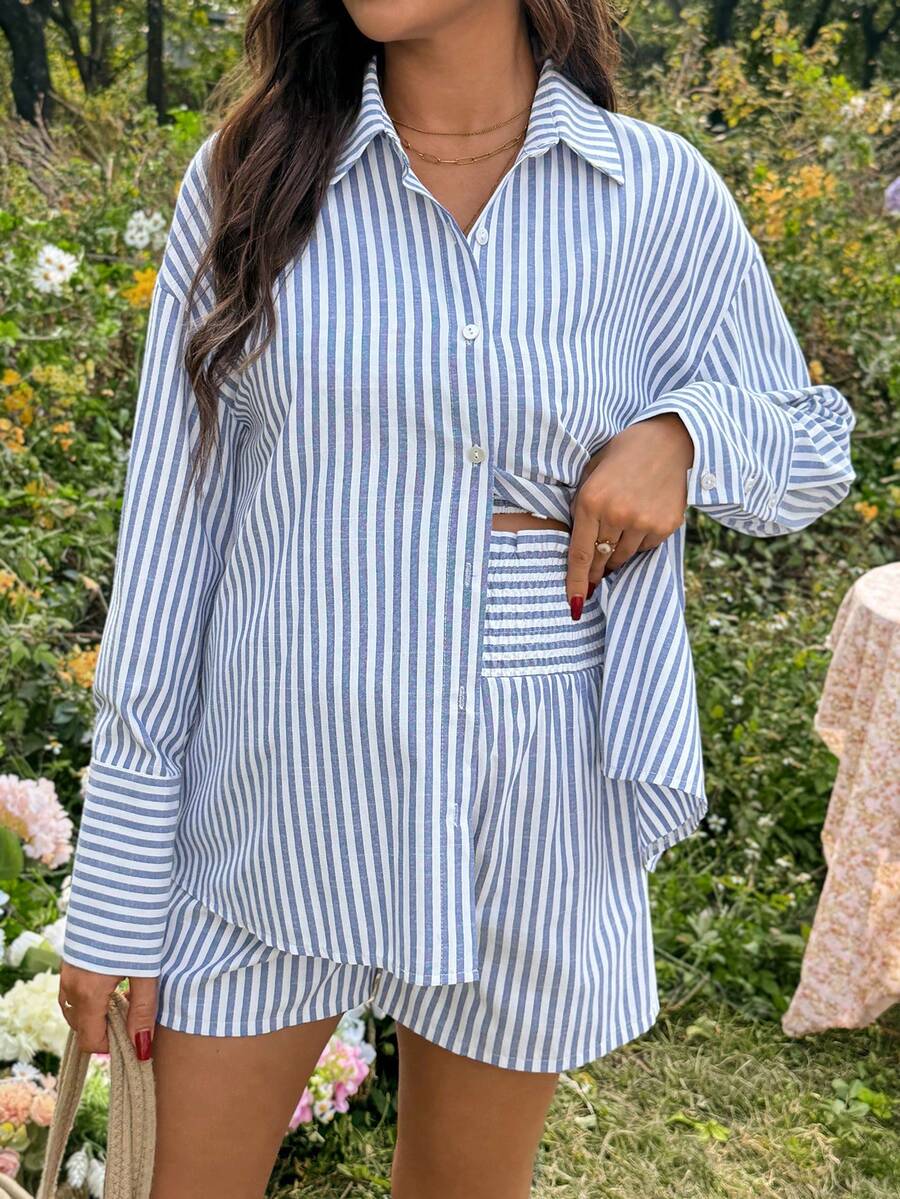 SHEIN 3pcs Maternity Striped Ruched Bandeau Top, Shorts And Long Sleeve Cardigan Set, Casual Daily Wear - Multicolor - View 1