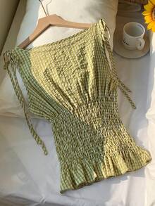 Comfortcana Áo tank top nữ bằng vải cotton kẻ caro màu xanh lá cây, kiểu dáng thường ngày, có dây rút ở vai và eo, thích hợp cho mùa hè, ngày Valentine, lễ hội, đi biển, kỳ nghỉ, mặc nhà, dạo phố, đi học. - màu xanh lá - Xem 3